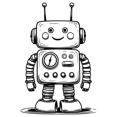 Gülümseyen yüzü ve kontrol paneli olan sevimli robot.