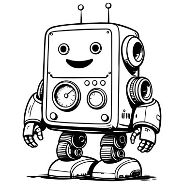 Gülen yüz antenleri ve çocukların eğlencesini boyamak için mükemmel göstergeleri olan sevimli çizgi film robotu.