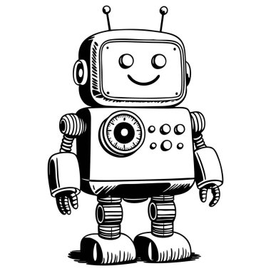 Gülümseyen yüz antenleri ve çocuklar için tasarlanmış düğmeleri olan sevimli dost canlısı robot karakter.