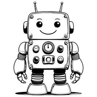 Düğmeleri ve tuşları olan sevimli gülümseyen robot oyuncağı çocukların eğlenceli aktivitelerini renklendirmek için mükemmel.