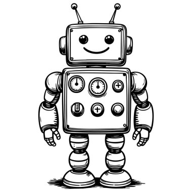 Düğme paneli ve eğlenceli çocuklar için gülümseyen sayfa etkinliği olan sevimli bir robot.