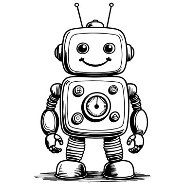 Antenleri ve düğmeleri olan mutlu robot. Sayfaları boyamak ve yaratıcı çizimler yapmak için harika.