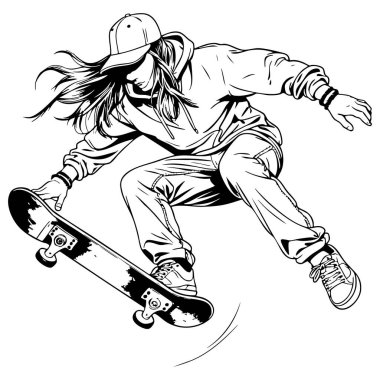 Kaykaycı şapkası ve kapüşonlusuyla havada zıplıyor ve boyama sayfası için güzel bir numara yapıyor.