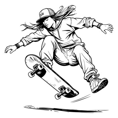 Kaykaycı havada zıplıyor kapüşonlu ve şapkalı.