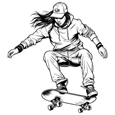 Patenci kapüşonlu ve şapkalı kaykayla şık bir atlayış yapıyor.