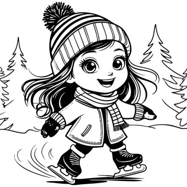 Mutlu küçük kız dışarıda buz pateni yaparken şapkası ve atkısı takıyor.