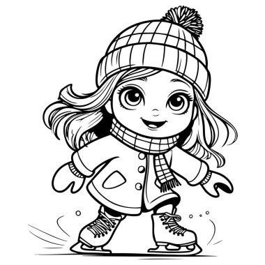 Kışın atkı ve şapka takan küçük kız soğuk mevsimde buz pateni yapıyor.