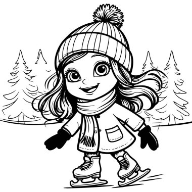 Paltolu ve eşarplı mutlu küçük kız kış ormanlarında buzda keyifle kayıyor.