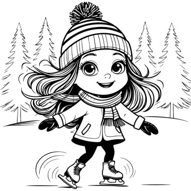 Paltosu ve şapkası olan neşeli kız dışarıda kayıyor gülümsüyor ve karlı kış manzarasının tadını çıkarıyor.