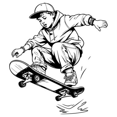 Kapüşonlu ve şapkalı genç kaykay numarası yapıyor. Havada stil sahibi sokak sporları yapıyor.