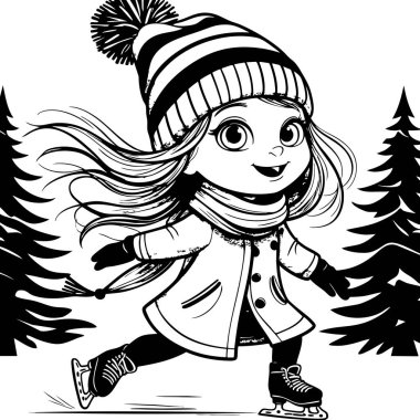 Çizgili şapka atkısı ve paltosu olan tatlı kız karlı orman kış sahnesinde hızla dışarıda kayıyor.