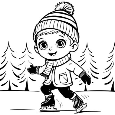 Kış şapkalı ve atkılı gülen küçük çocuk ağaçlarla buz pateni yapıyor.