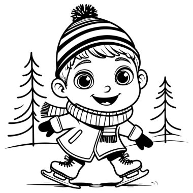 Şapka ve ceket giyen gülümseyen çocuk kış ormanı sahnesinde buz üstünde kayıyor.