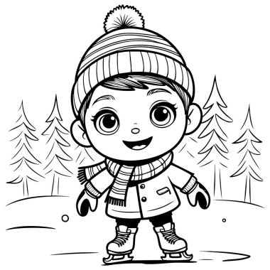 Kışın karlı ormanda açık havada kayarken şapkalı ve atkılı şirin bir çocuk.
