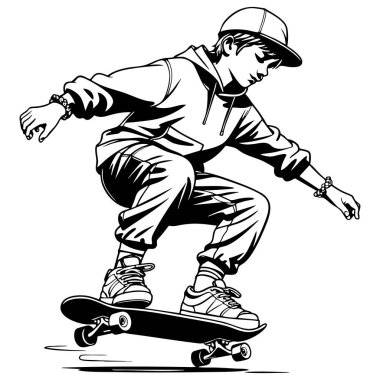 Kapüşonlu ve şapkalı havalı çocuk kaykayla kaykay yapıyor.