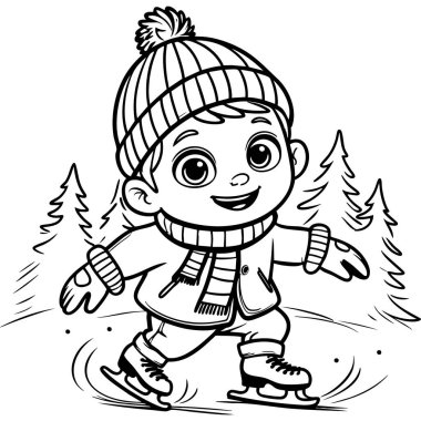 Kışın buz üstünde kayarken gülümseyen sevimli çocuk.