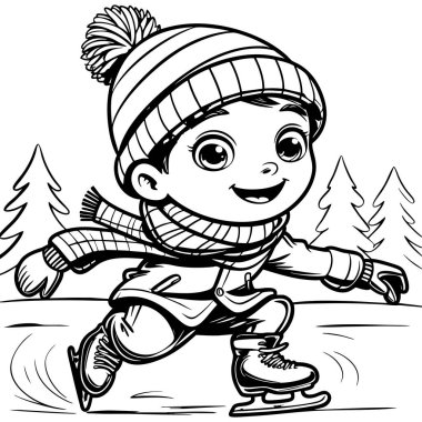 Kışlık giysiler içinde tatlı bir çocuk buz üstünde kayıyor, büyük bir gülümseme ve neşeyle.