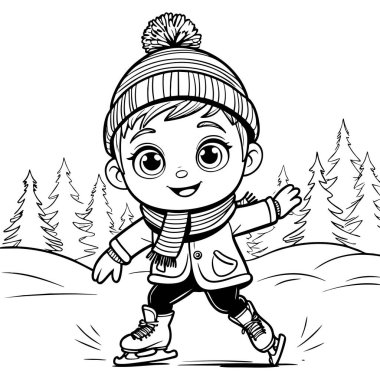 Kış kıyafetli gülümseyen çocuk dışarıda buzda mutlu bir şekilde kayıyor.