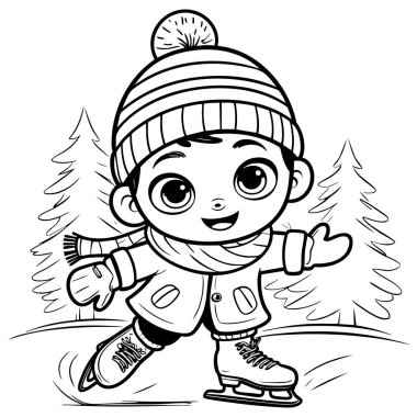 Atkı şapkalı ve paltolu neşeli çocuk buz pateni pistinde paten yapıyor.