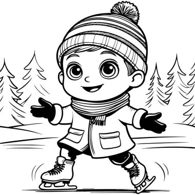 Kış ormanında rahat kıyafetlerle buzda kayan gülen çocuk.