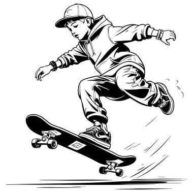 Kaykayla atlayan kaykaycı çocuk enerji ve hareket gösteriyor.