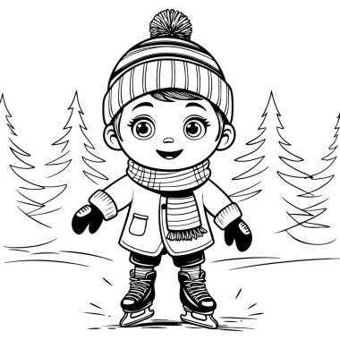 Buz pateni pistinde kışın giyinmiş gülümseyen çocuk.