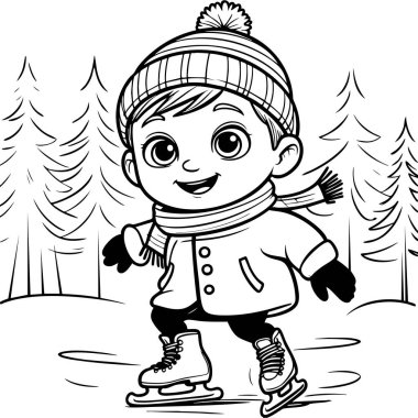 Neşeli çocuk kış ormanında buzda kayarken gülümsüyor.