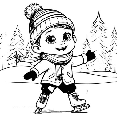 Mutlu çocuk, kış kıyafetleri ve büyük bir gülümsemeyle ormanda kayıyor.