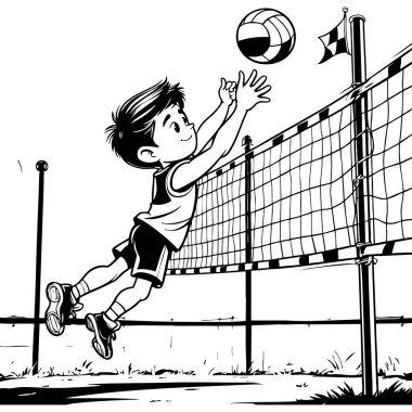 Enerjik çocuk voleybolu açık havada oynamak için zıplıyor.