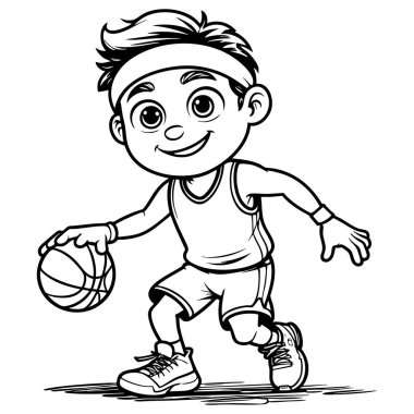 Çizgi filmci çocuk sahada gülümseyen basketbol topu sürüyor.