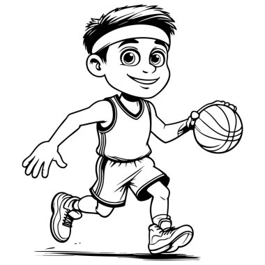 Mutlu çocuk basketbol çizgi film stili sanat eserleriyle koşuyor.