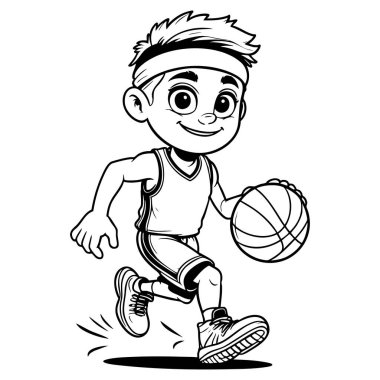 Gülen çizgi film çocuğu. Sportif giysiler içinde basketbol topu sürüyor. Eğlenceli ve eğlenceli bir duruşu var.