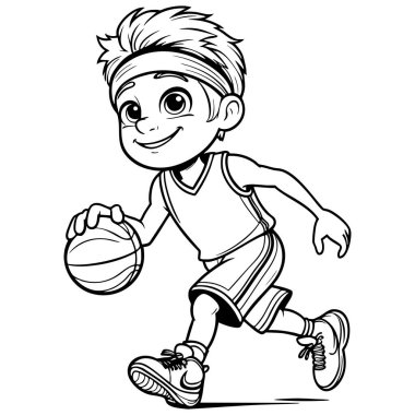 Çizgi filmci çocuk dışarıda spor kıyafetlerle basketbol oynarken gülümsüyor.