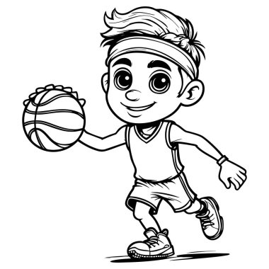 Çizgi filmci çocuk elinde basketbol topu tutuyor gülümsüyor ve mutlu yüzle oynamaya hazır.