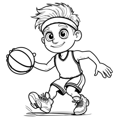 Kafa bandı takan, mutlu yüzlü, basketbol oynayan çizgi film çocuğu.