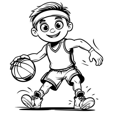 Çizgi filmci çocuk enerji ve neşe içinde basketbol oynarken gülümsüyor.