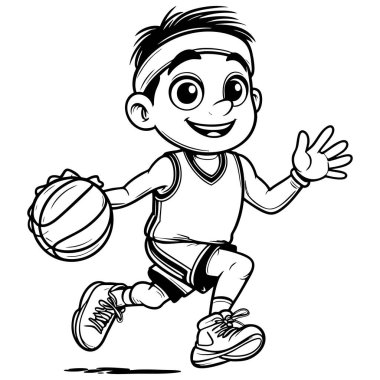 Çizgi filmdeki basketbolcu çocuk gülümseyerek top sürerken koşuyor.