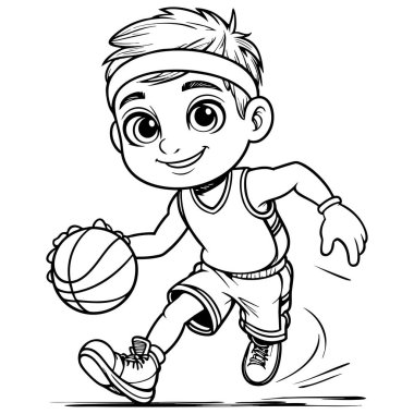 Kafasında bantla basketbol formasıyla gezen mutlu çizgi film çocuğu.