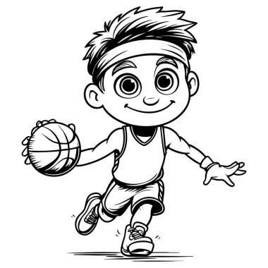 Çizgi filmci çocuk basketbol topu sürüyor, gülümsüyor, enerjik ve sportif çizimler yapıyor.
