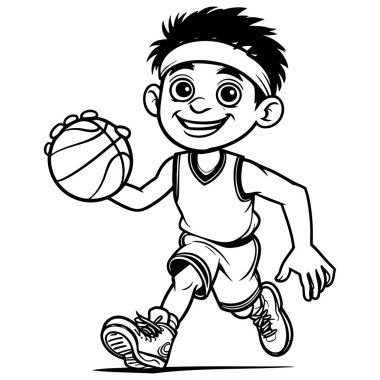 Çizgi filmci çocuk basketbol oynarken gülümsüyor top boyama sayfası