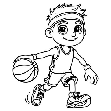 Çizgi filmci çocuk basketbol oynuyor. Spor giyim sayfasında topu sürüyor.