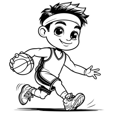 Çizgi filmci çocuk basketbol topuyla koşuyor, spor kıyafeti boyama sayfası takıyor.