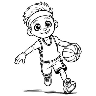 Çizgi filmci çocuk basketbol topu sürüyor. Spor kıyafetleri boyama sayfası takıyor.
