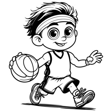 Basketbolu elinde tutan sevimli çocuk forma boyama sayfası takarak mutlu bir şekilde koşuyor.