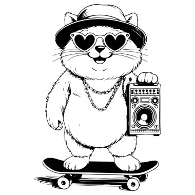 Çizgi film kedisi şapka takıyor. Güneş gözlüğü takıyor. Kaykay sürüyor. Elinde radyo boyama sayfası var.