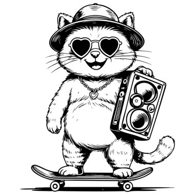 Çizgi film kedisi şapkalı güneş gözlüklü kolye elinde teyp, kaykay boyama sayfasında duruyor.