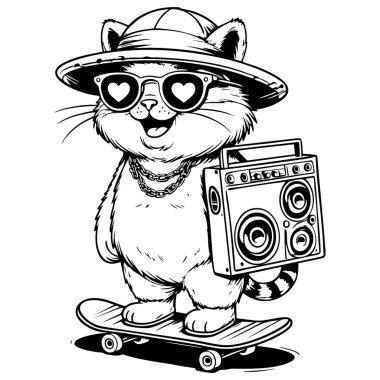 Çizgi film kedisi şapka takıyor, güneş gözlüğü takıyor, kaykay sürüyor, elinde müzik kutusu boyama sayfası var.