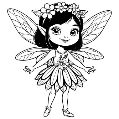 Karikatür perisi kız çiçek elbisesi ve kanatlı taç giymiş gülümseyen renkli sayfa.