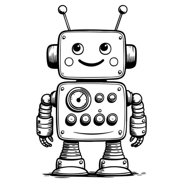 Çizgi film robotu oyuncu tasarım için dişli ve kontrol paneliyle gülümsüyor