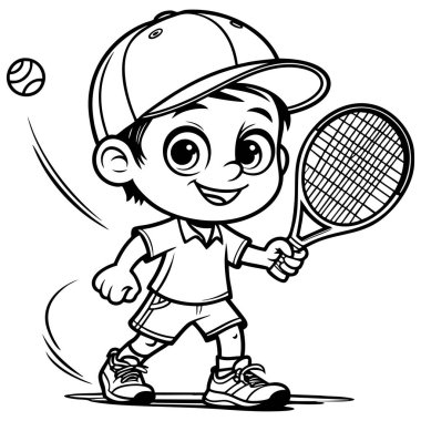 Tenis raketli mutlu çocuk tenis oynuyor ve gülümsüyor.